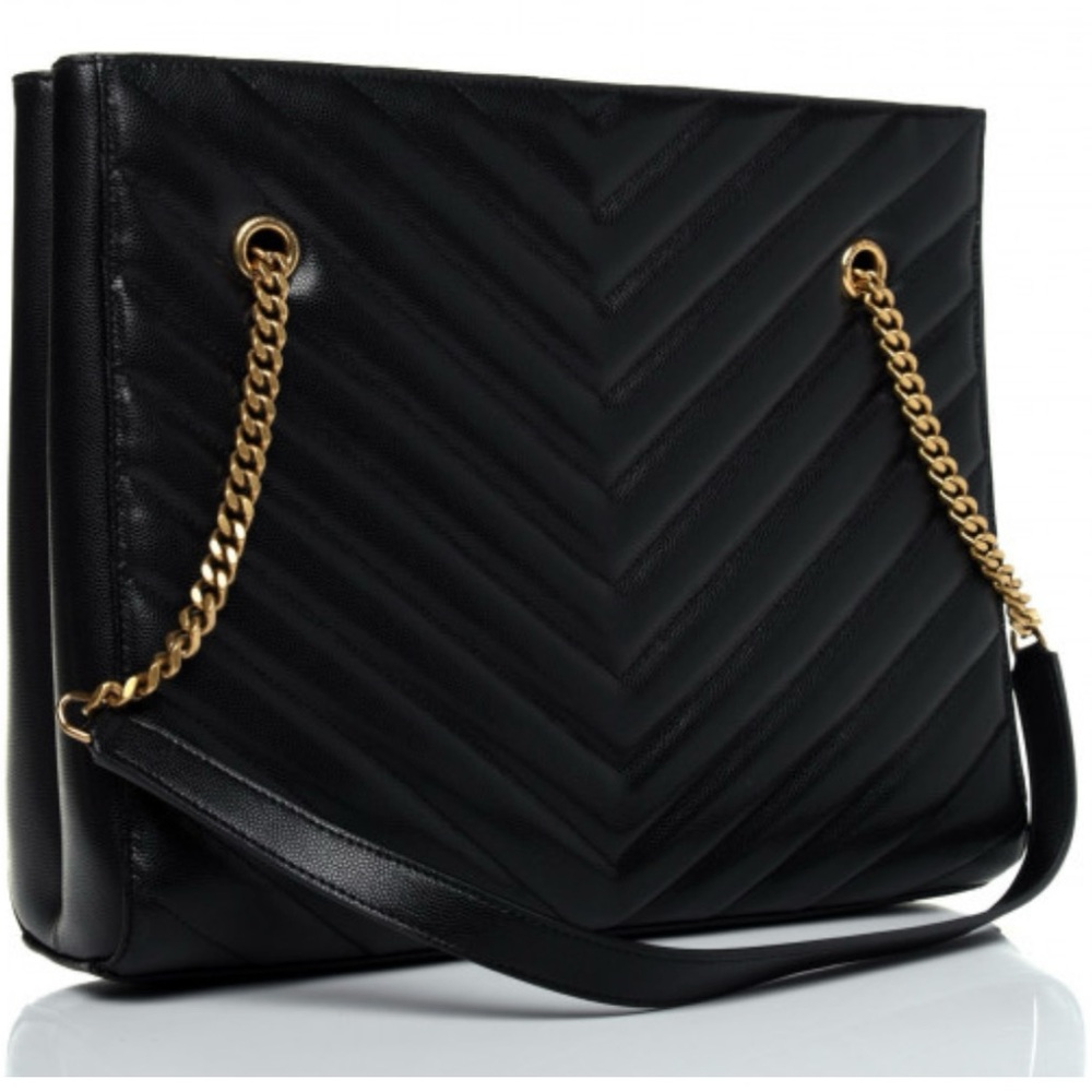 YSL Grain De Poudre Matelasse Chevron Medium Tribeca Shopping Bag Black 🖤 - Picture 3 of 13